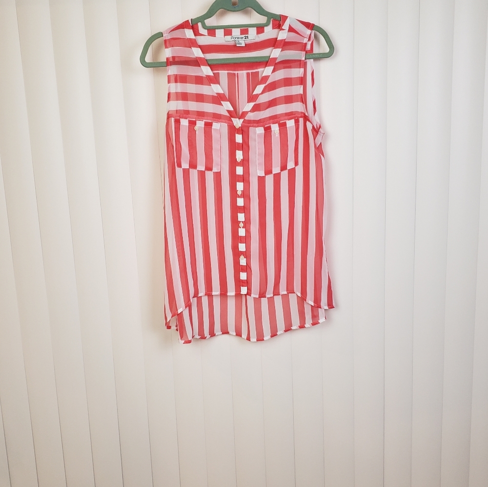 Forever 21 Red White Striped Sleeveless V-neck High & Low Blouse Top Size Large